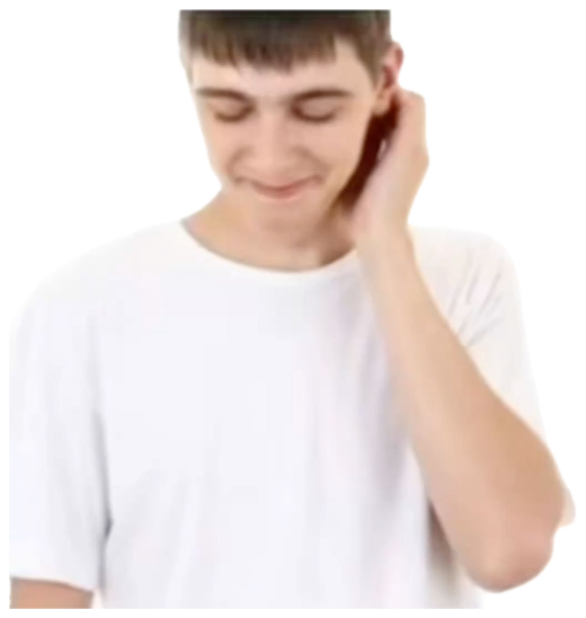 Young guy in a white tee looking down and shyly scratching his neck with a bashful smile sticker