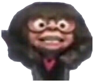 Grainy low-res cartoon figure with bulging eyes and a panicked, frazzled face sticker