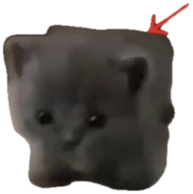 Tiny gray kitten with an arrow pointing at it labeled 'FULL OF VIOLENT THOUGHTS' sticker