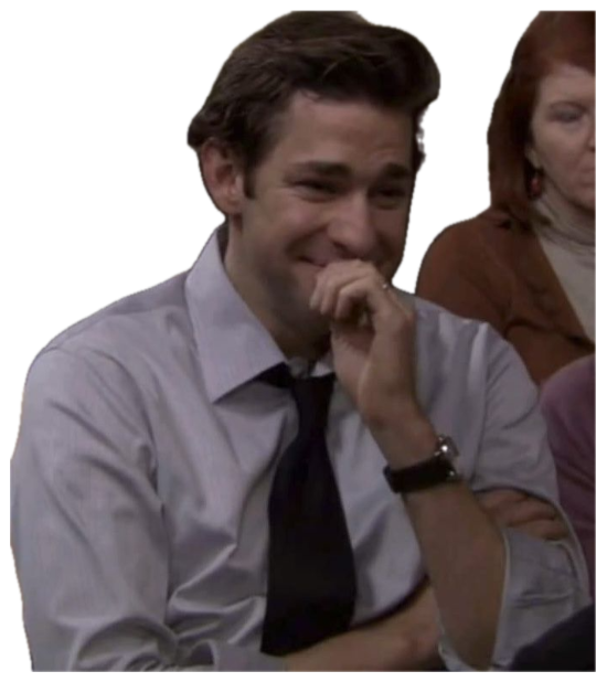 Man in office setting suppressing a laugh behind his hand, clearly losing it sticker