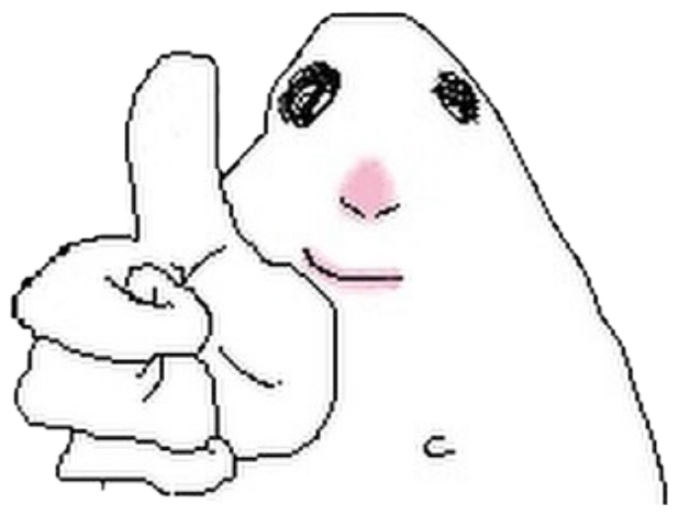 Crudely drawn blob creature giving an approving thumbs-up with a small smile sticker