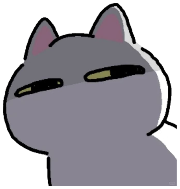 Grey cartoon cat with half-lidded eyes giving a flat, unimpressed stare sticker