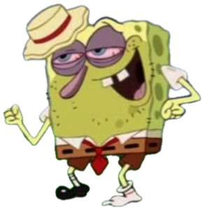 SpongeBob in a country bumpkin outfit, pointing fingers with a sly, half-lidded grin sticker