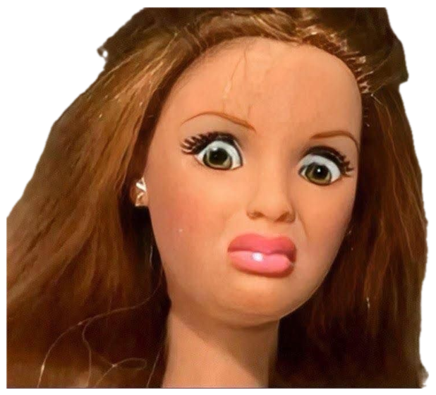 Cracked fashion doll head with huge frozen eyes staring blankly, deeply unsettling sticker
