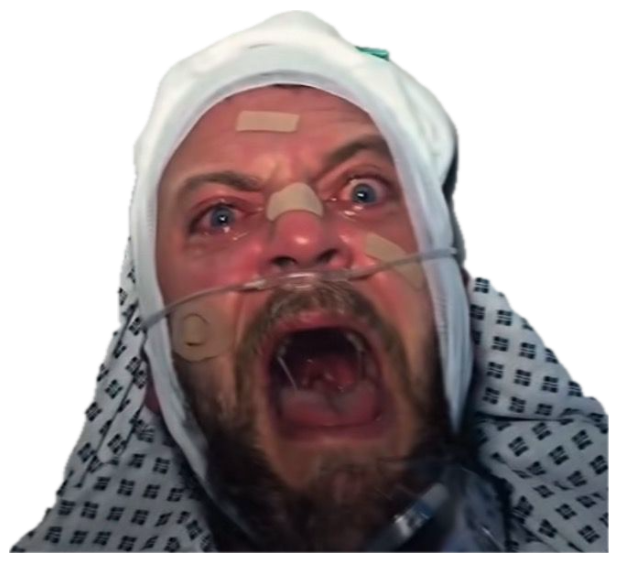 Man in a hospital gown with bandaged head screaming intensely into the camera sticker