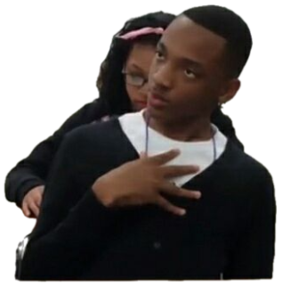 Student in a classroom looking to the side with narrowed eyes while a classmate reaches around him sticker