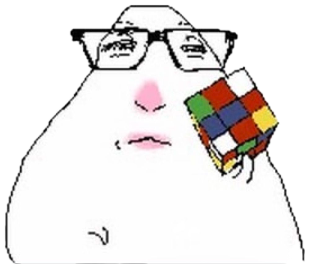 Blob face in thick glasses holding a Rubik's cube, completely unbothered sticker