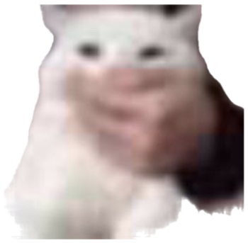 Blurry white cat with a human hand squishing its cheeks into a goofy grin sticker
