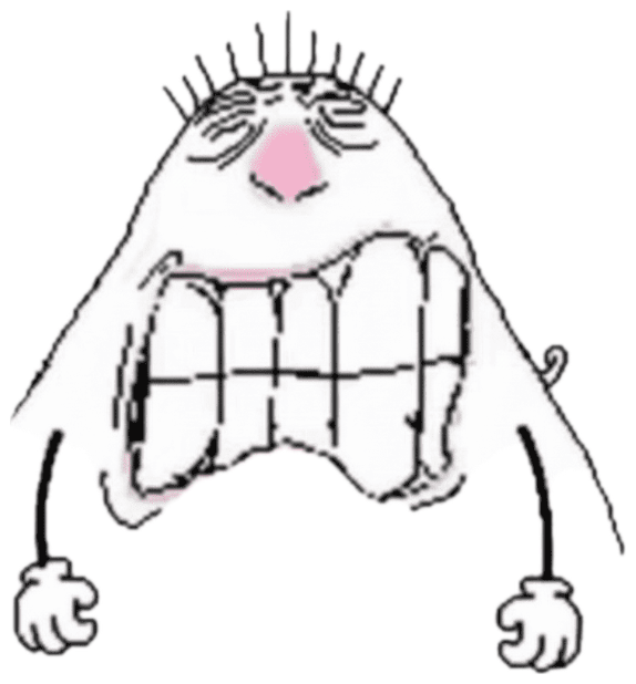 Doodled blob face bawling with gritted teeth and a tiny rain cloud below sticker