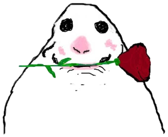 Crudely drawn chubby white animal holding a rose in its mouth with rosy cheeks sticker