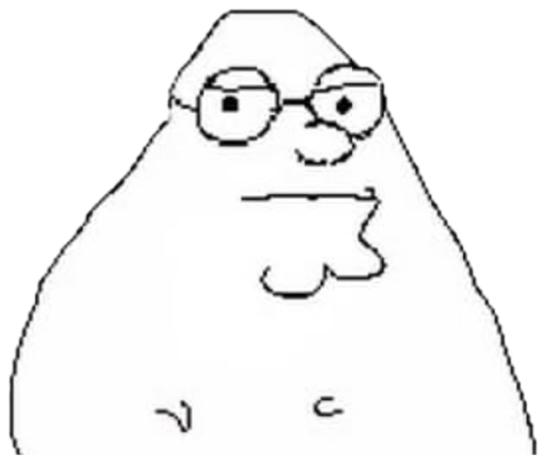 Peter Griffin-style blob cartoon with round glasses and a flat, unimpressed stare sticker