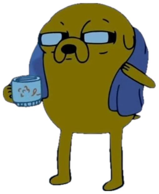 Jake the Dog in glasses holding a steaming mug with a tired, unbothered look sticker