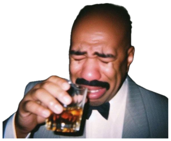 Steve Harvey in a tux, face scrunched up crying dramatically over a drink sticker