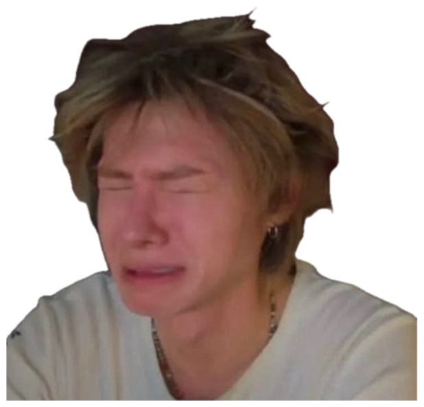 Person with messy blond hair crying with eyes shut tight on a live stream sticker