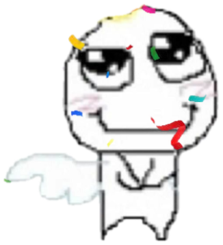 Blushing angel rage-comic face with a halo and wings amid falling confetti sticker