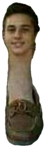 Warped photo of a smiling boy's face morphed onto a shoe on a sidewalk sticker