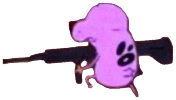 Courage the Cowardly Dog hauling a giant rifle across the yard, dead serious sticker
