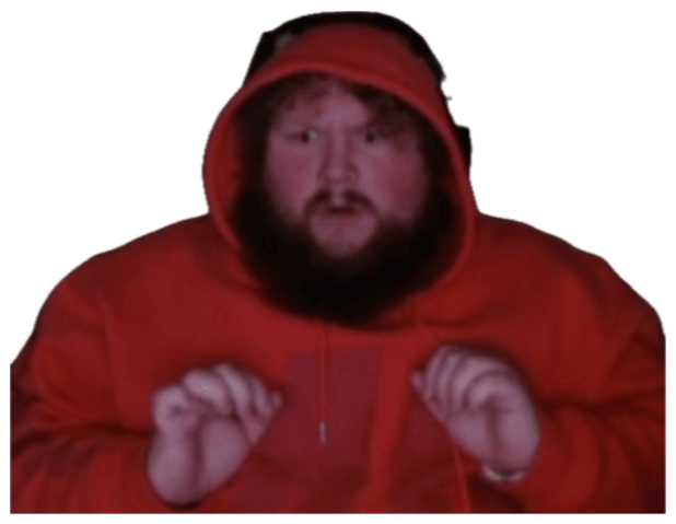 Bearded streamer buried in a huge red hoodie, wide-eyed and clenching both fists sticker