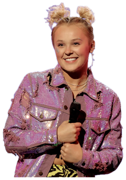JoJo Siwa beaming on stage in a sparkly pink jacket clutching a microphone sticker