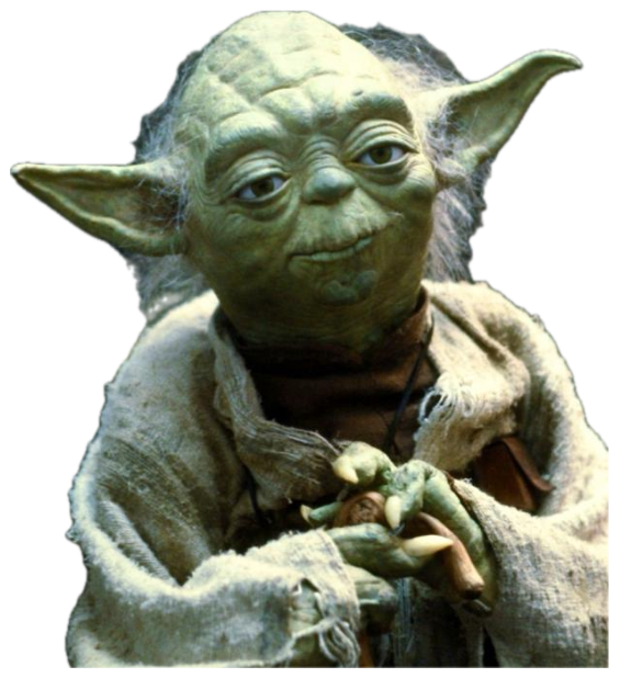 Yoda clutching his cane with a small knowing smile and thoughtful gaze sticker