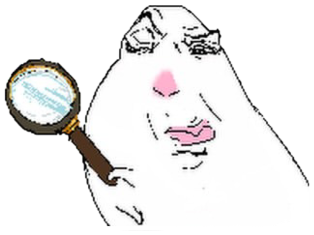 NPC-style wojak holding a magnifying glass, scrutinizing everything skeptically sticker