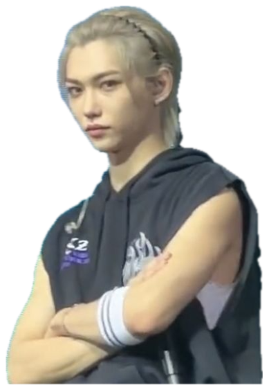 Blond performer on stage with arms crossed and a flat, unimpressed stare sticker