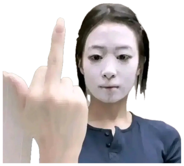 Woman in a white face mask flipping off the camera with a deadpan stare sticker