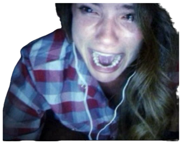 Girl on a webcam screaming in terror with eyes wide in a dark room sticker