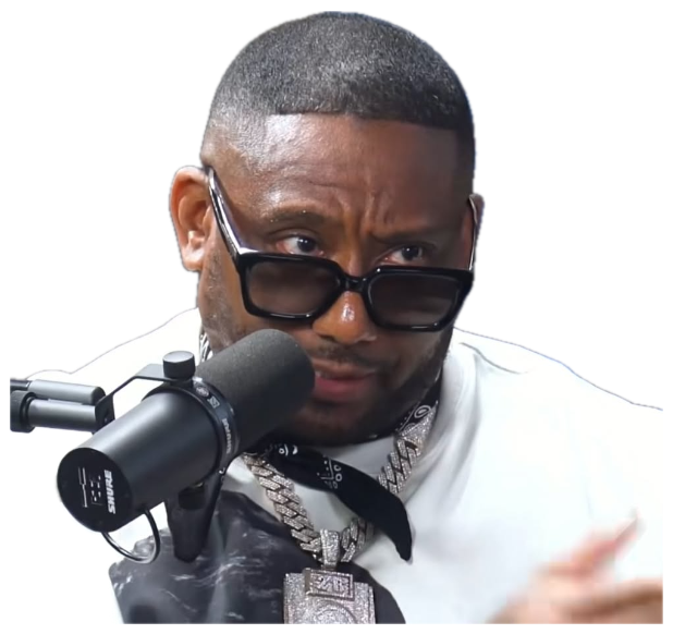Man in black shades and a chain giving the podcast mic a skeptical raised brow sticker