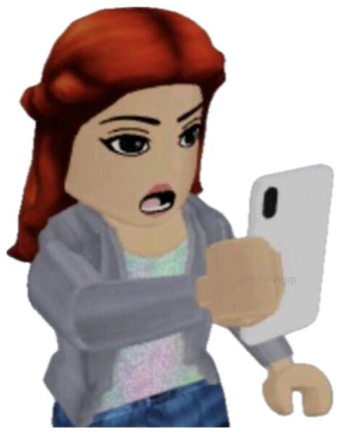 A red-haired Roblox avatar gasping in shock at her phone sticker