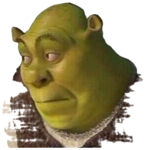 Shrek tilting his head with a sly, smug grin in warm firelight sticker