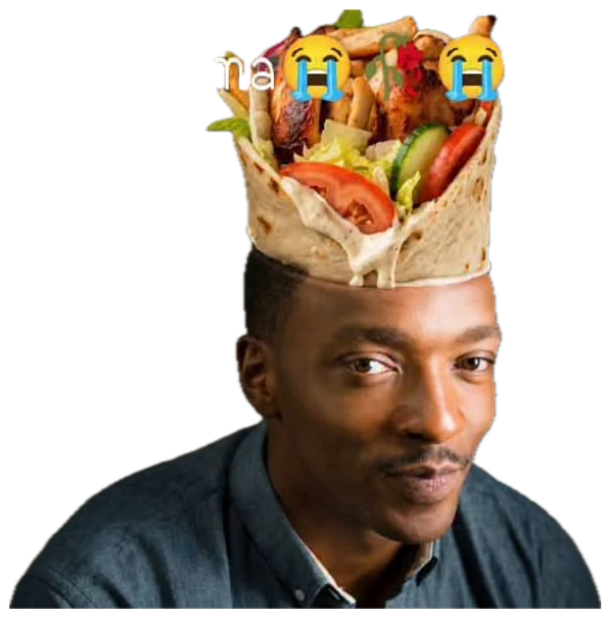Man with a shawarma wrap photoshopped onto his head, captioned 'sonwarma' sticker