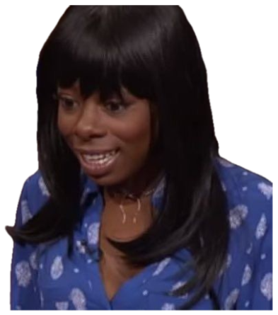 Woman on a talk show with a stiff, awkward forced smile sticker