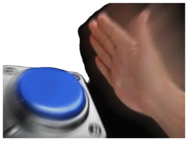 A hand slamming down toward a big blue button in the dark sticker