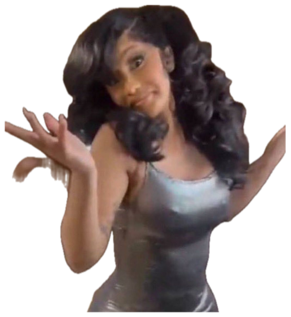 Woman in a silver dress with curly pigtails posing with a smug little smirk sticker