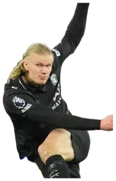 Erling Haaland mid-match with a grimacing scowl, one leg flying high in the air sticker