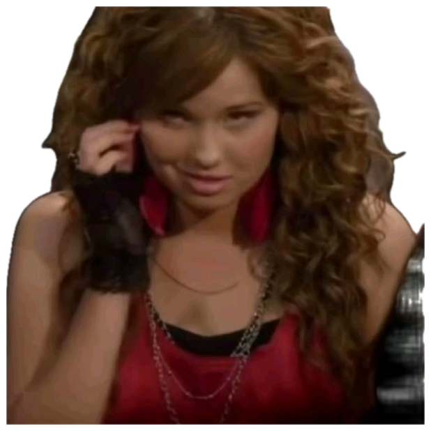 Curly-haired girl in a red top smirking smugly to the side sticker