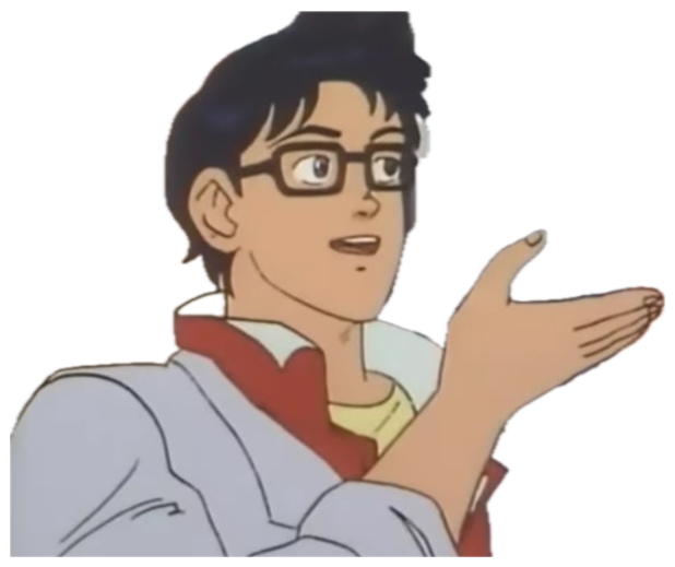 Anime man in glasses gesturing toward a yellow moth in the 'Is this a pigeon?' scene sticker