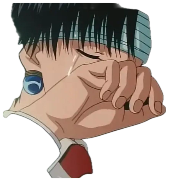 Anime character silently crying while covering their face with a paper sticker