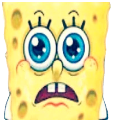 Extreme close-up of SpongeBob with huge worried eyes and a trembling frown sticker