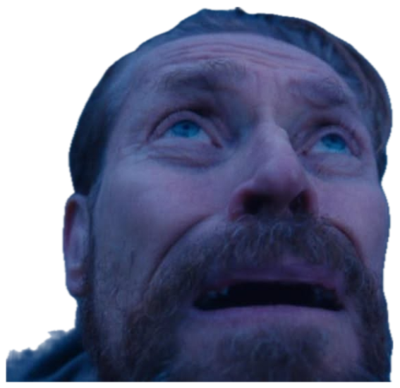 Bearded man staring upward in the cold blue light with terrified, teary eyes sticker