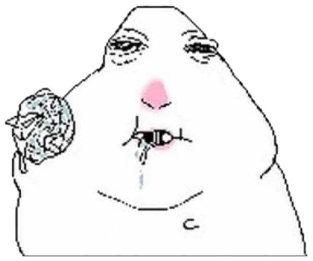 Crudely drawn blob face with heavy lids, a bee on its lip and a drool line sticker