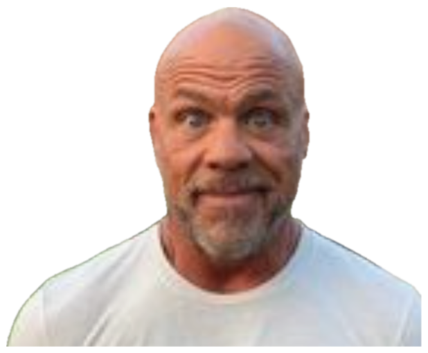 Bald bearded man outside a house making a tense, uneasy face sticker