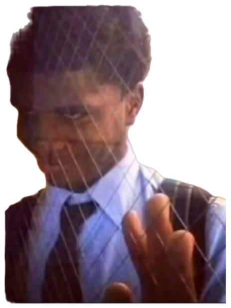 Boy in school uniform behind a chain-link fence giving a wary side glance sticker