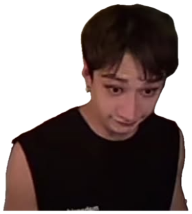 Young man in a black sleeveless shirt with teary eyes and a pained expression sticker