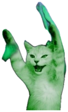 White cat photoshopped into a nightclub crowd, paws up and going off sticker