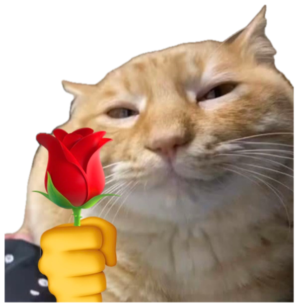Smug orange tabby cat with half-closed eyes holding up a rose emoji with text 'for you princess' sticker
