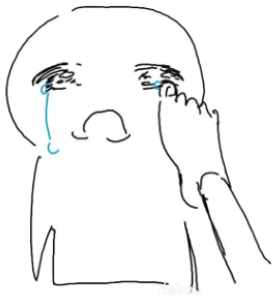 Crude line-drawn figure wiping away tears with a hand, one blue tear streaking down sticker