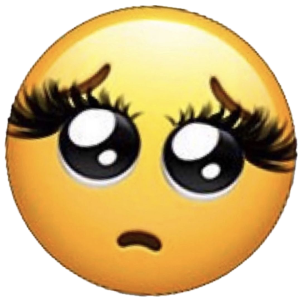 Yellow emoji with big pleading eyes, dramatic lashes, and a trembling lip sticker