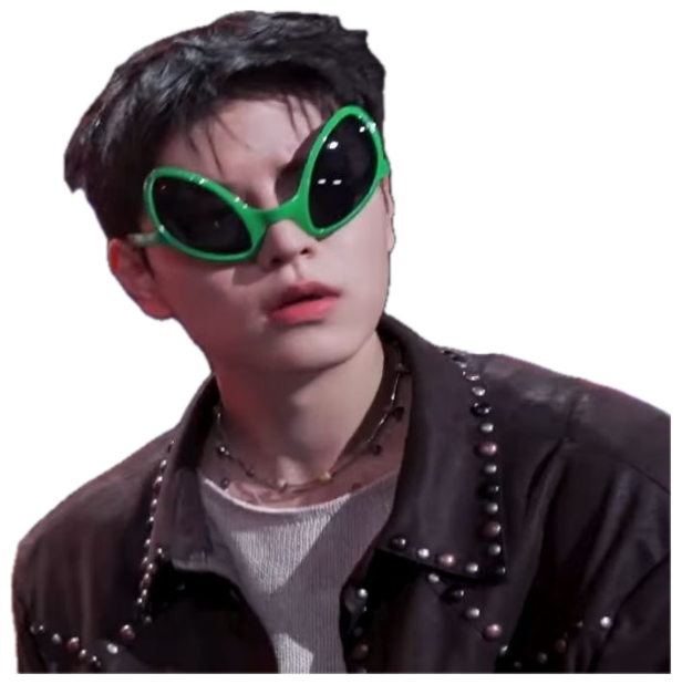 Young man in goofy green alien sunglasses with a cool, deadpan expression sticker